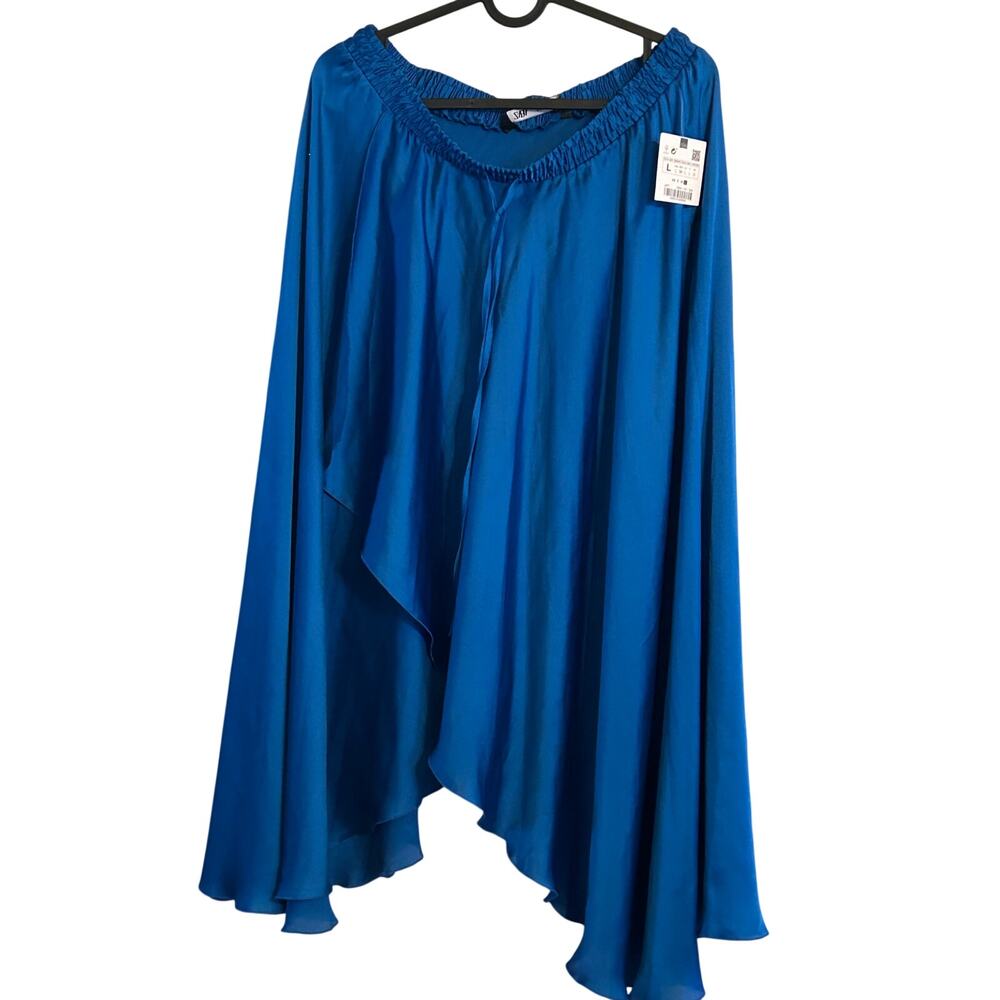 NWT Zara Royal Blue Asymmetric Satin Midi Skirt Size L